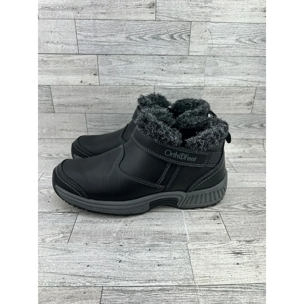 Orthofeet 793 Black Leather‎ Faux Fur Trim Orthopedic Ankle Boots Men 7B EU 37.5